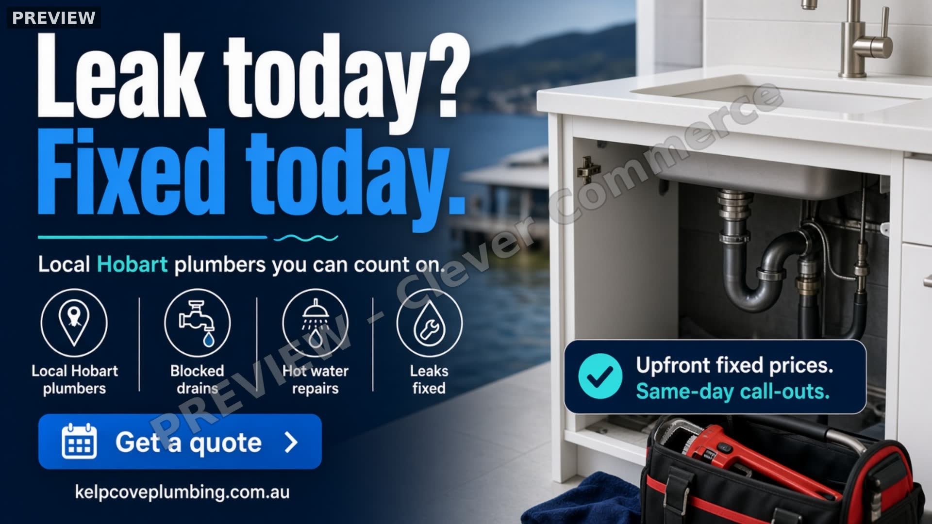 Watermarked Cover · 16:9 preview ad for Kelpcove Plumbing (fictional business)