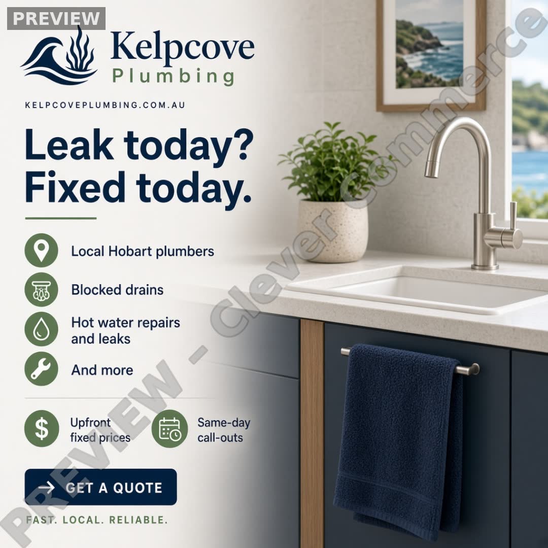 Watermarked Feed · 1:1 preview ad for Kelpcove Plumbing (fictional business)