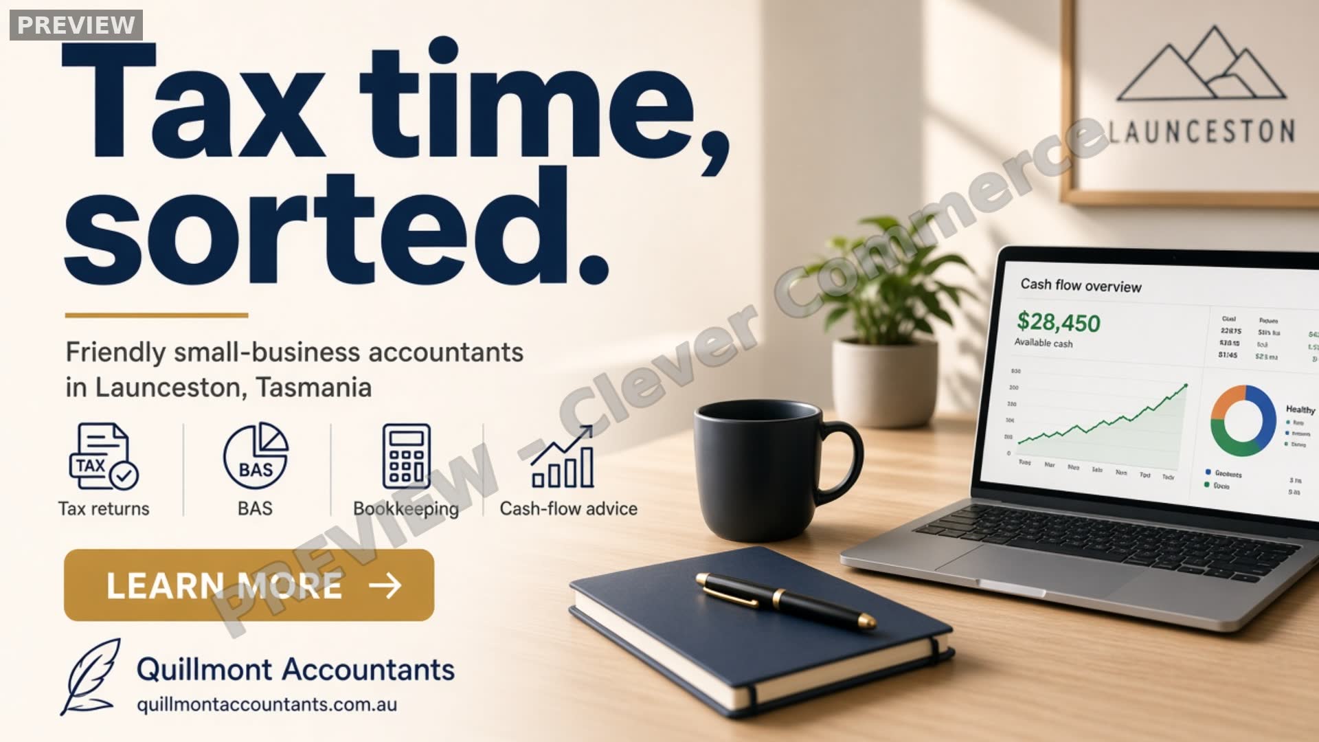 Watermarked Cover · 16:9 preview ad for Quillmont Accountants (fictional business)