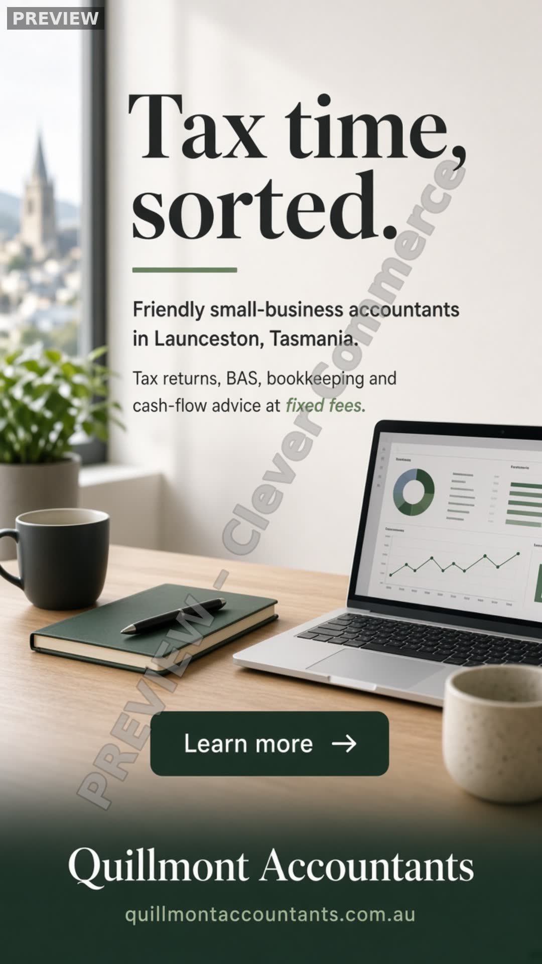 Watermarked Story · 9:16 preview ad for Quillmont Accountants (fictional business)