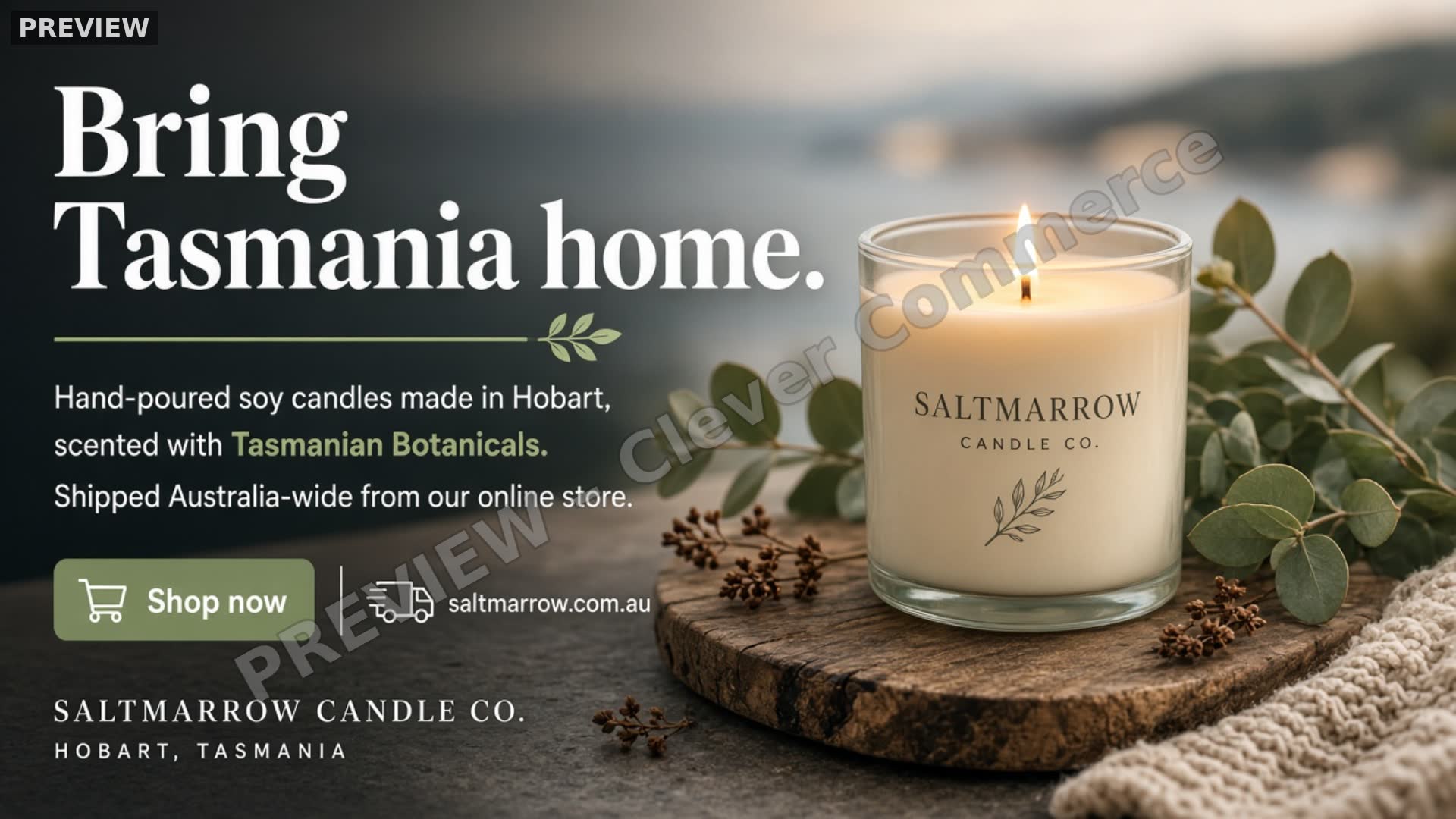 Watermarked Cover · 16:9 preview ad for Saltmarrow Candle Co. (fictional business)