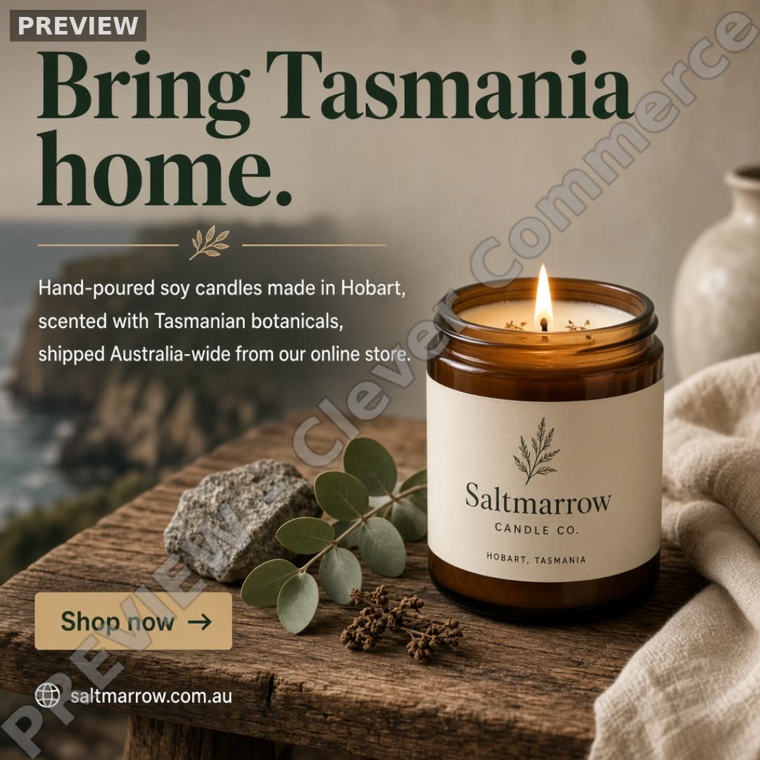 Watermarked Feed · 1:1 preview ad for Saltmarrow Candle Co. (fictional business)