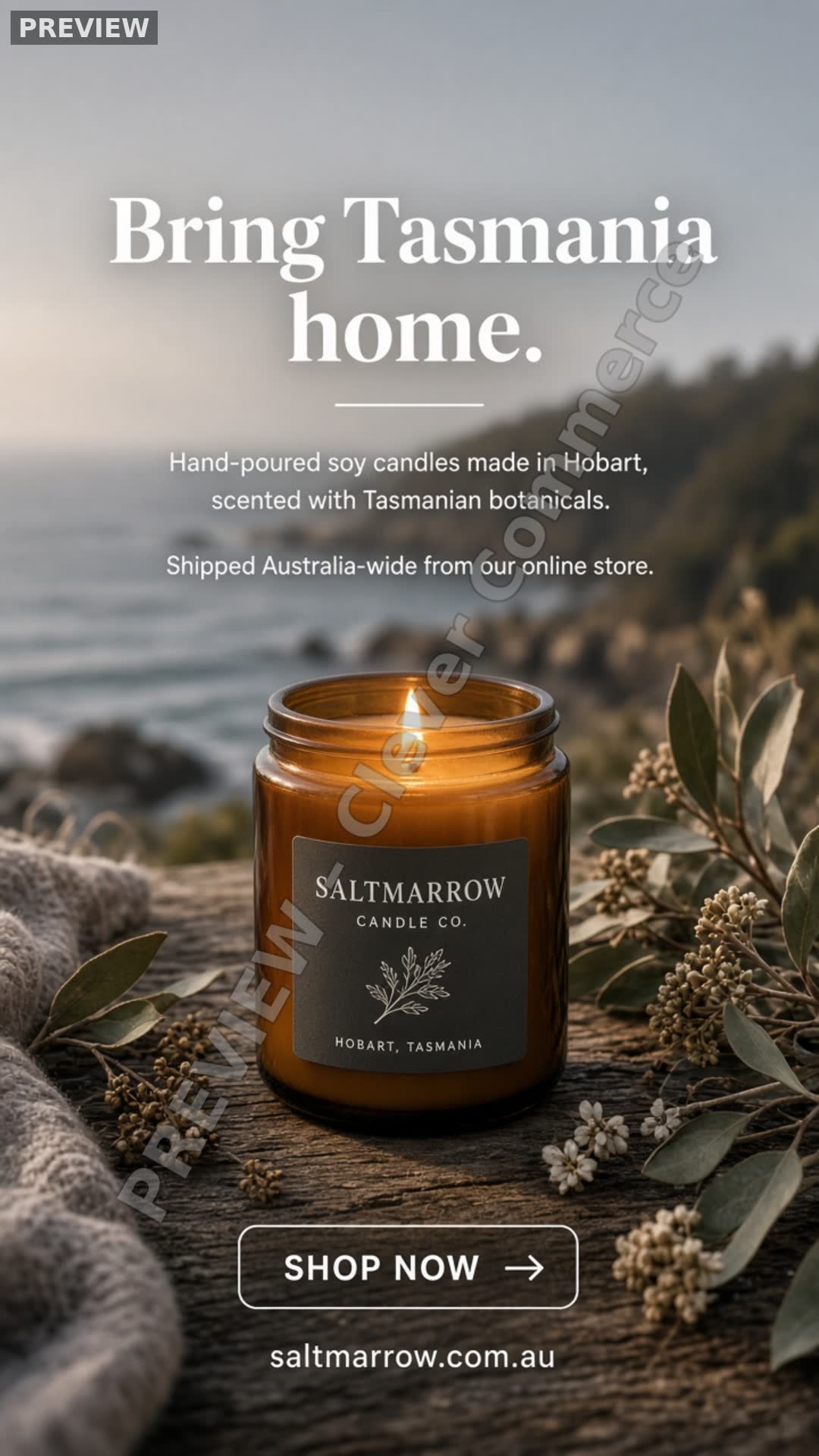 Watermarked Story · 9:16 preview ad for Saltmarrow Candle Co. (fictional business)